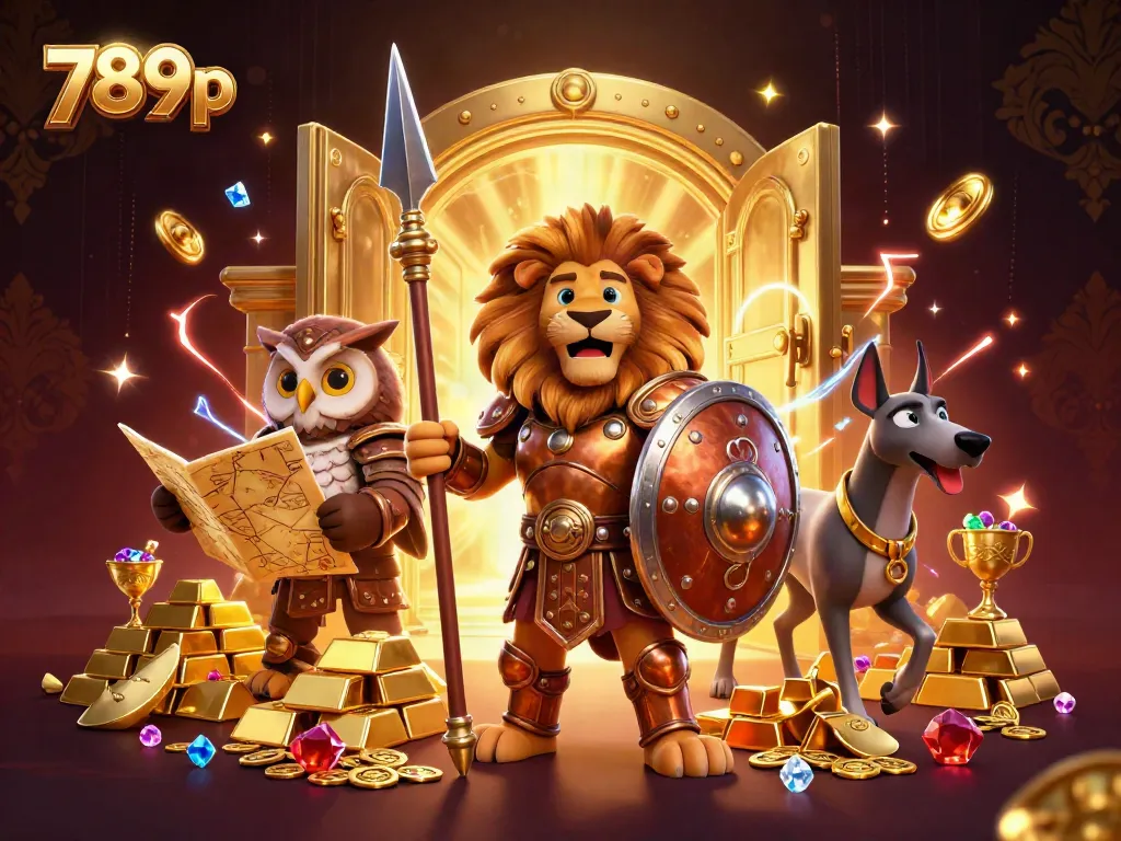 Immerse in the thrilling world of 789p online casino with dynamic 3D characters and gold elements.