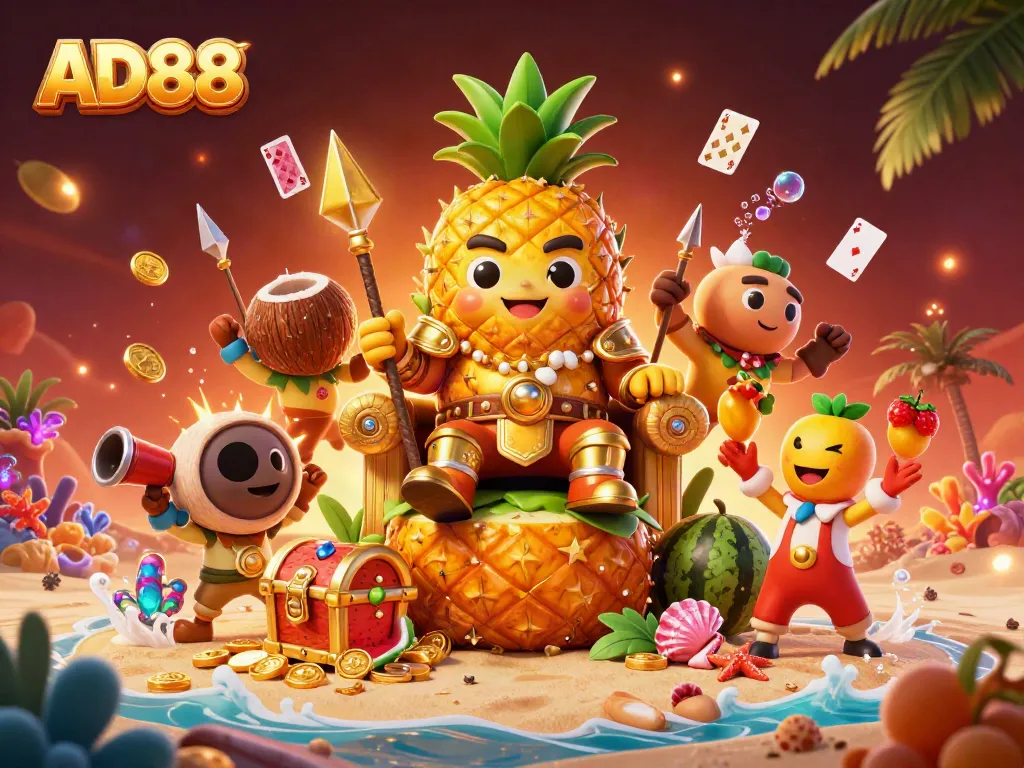 Celebrate the vibrant world of AD88 with a lively beach casino scene featuring a golden pineapple king.