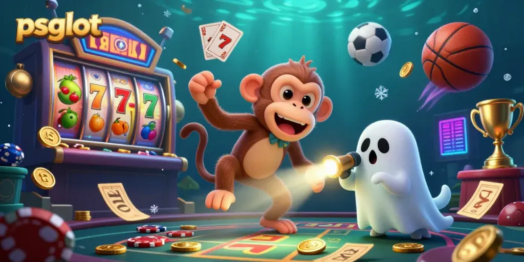 Experience the excitement of psgslot as the mischievous monkey juggles golden casino treasures in a dynamic scene full of action.