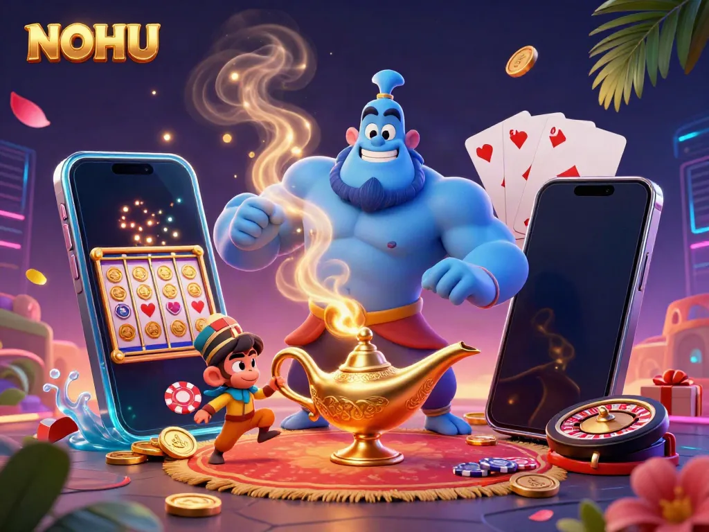 Experience the excitement at NOHU's dynamic casino with a blue genie, monkey, and magic carpet in a vibrant betting scene.