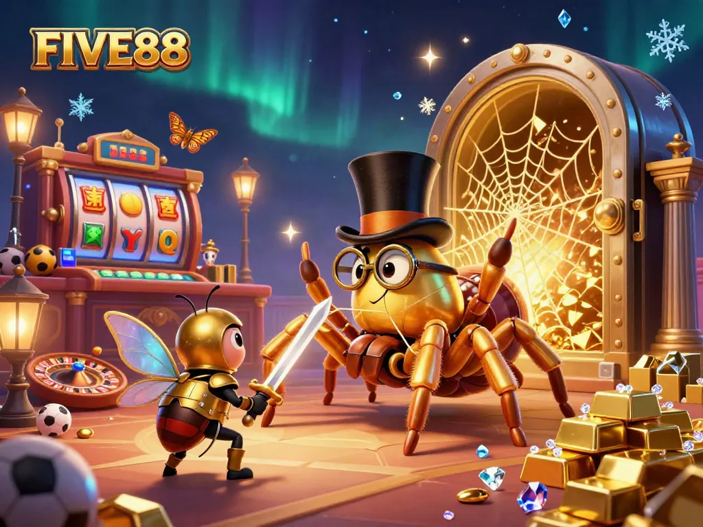 Experience the thrill of FIVE88 as a golden tarantula weaves treasure among colorful slot reels.