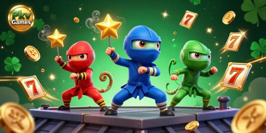 Pkv Games thrilling illustration with ninja chameleons dazzling in synchronized martial arts accompanied by vibrant slot reels and gold coins.