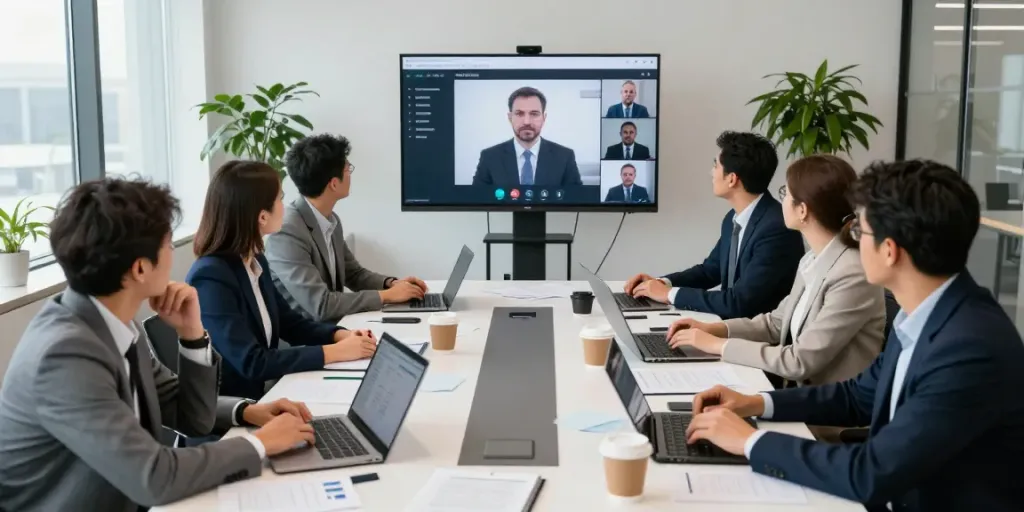 Deepfake-protected meetings in a professional setting with diverse team members discussing video conference security.