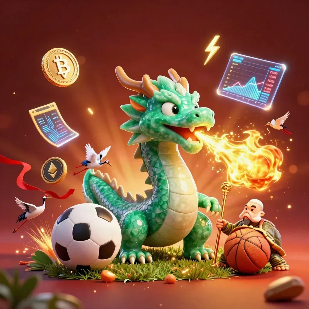 Fantasy sports-casino key art: jade dragon, turtle sage, cranes, coins, balls, fire, and neon glow.