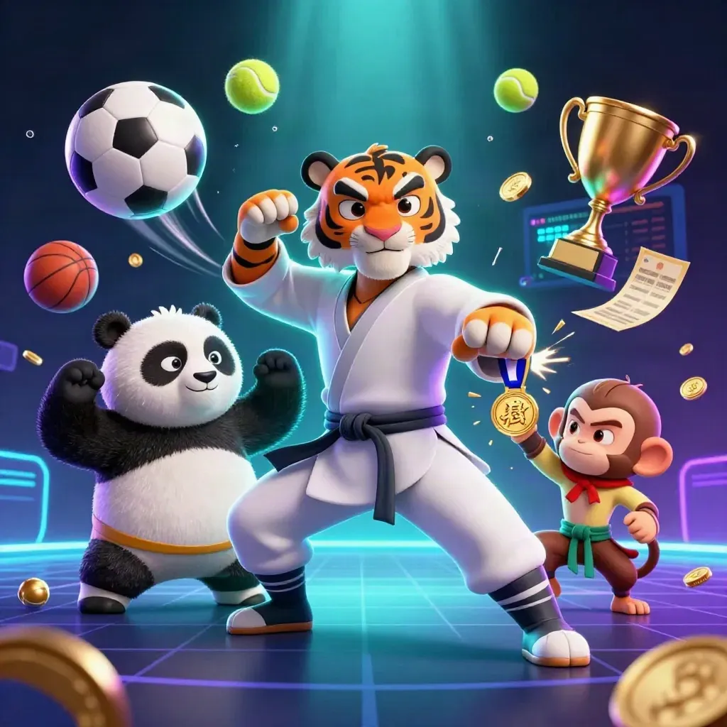 Kung-fu tiger, panda, and monkey amid flying balls, trophy, coins, and neon casino lights.