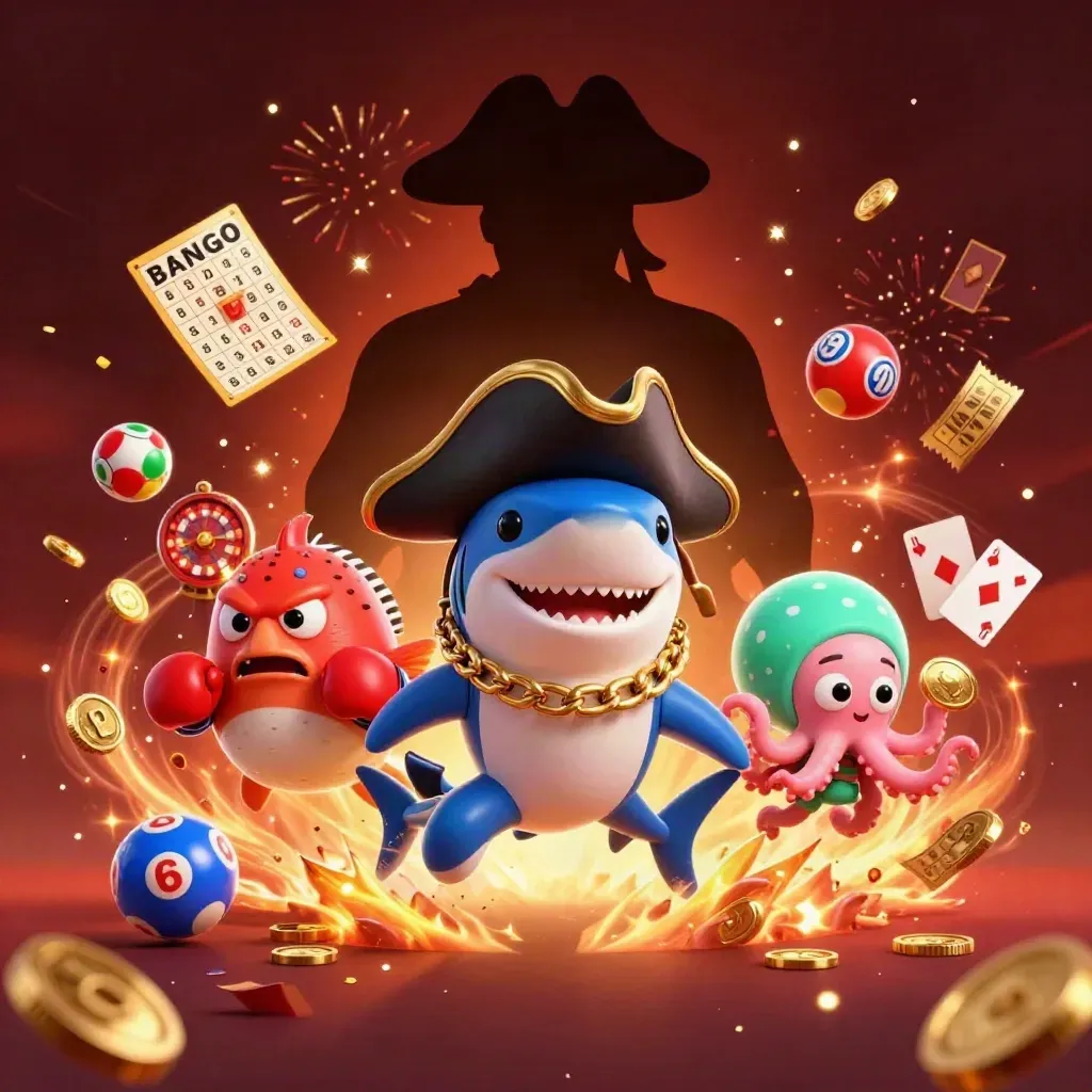 Shark pirate, boxing pufferfish, and juggling octopus amid coins, cards, fireworks, and a glowing wheel.