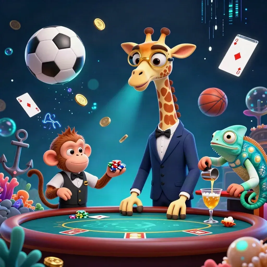 Low-angle 3D casino animals around flying soccer and basketball in a neon treasure cove.