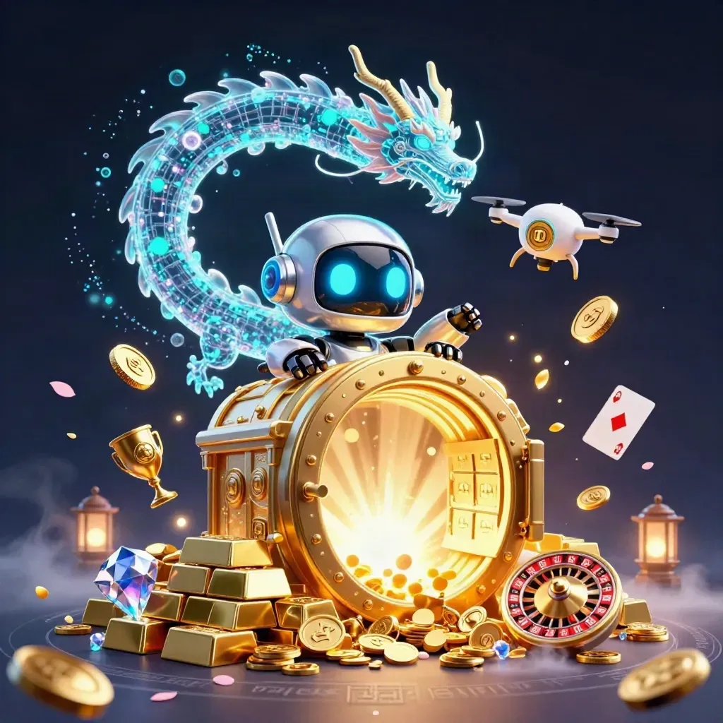 Robot mascot, holographic dragon, and coin drone burst from a vault amid gold, gems, and teal neon light.