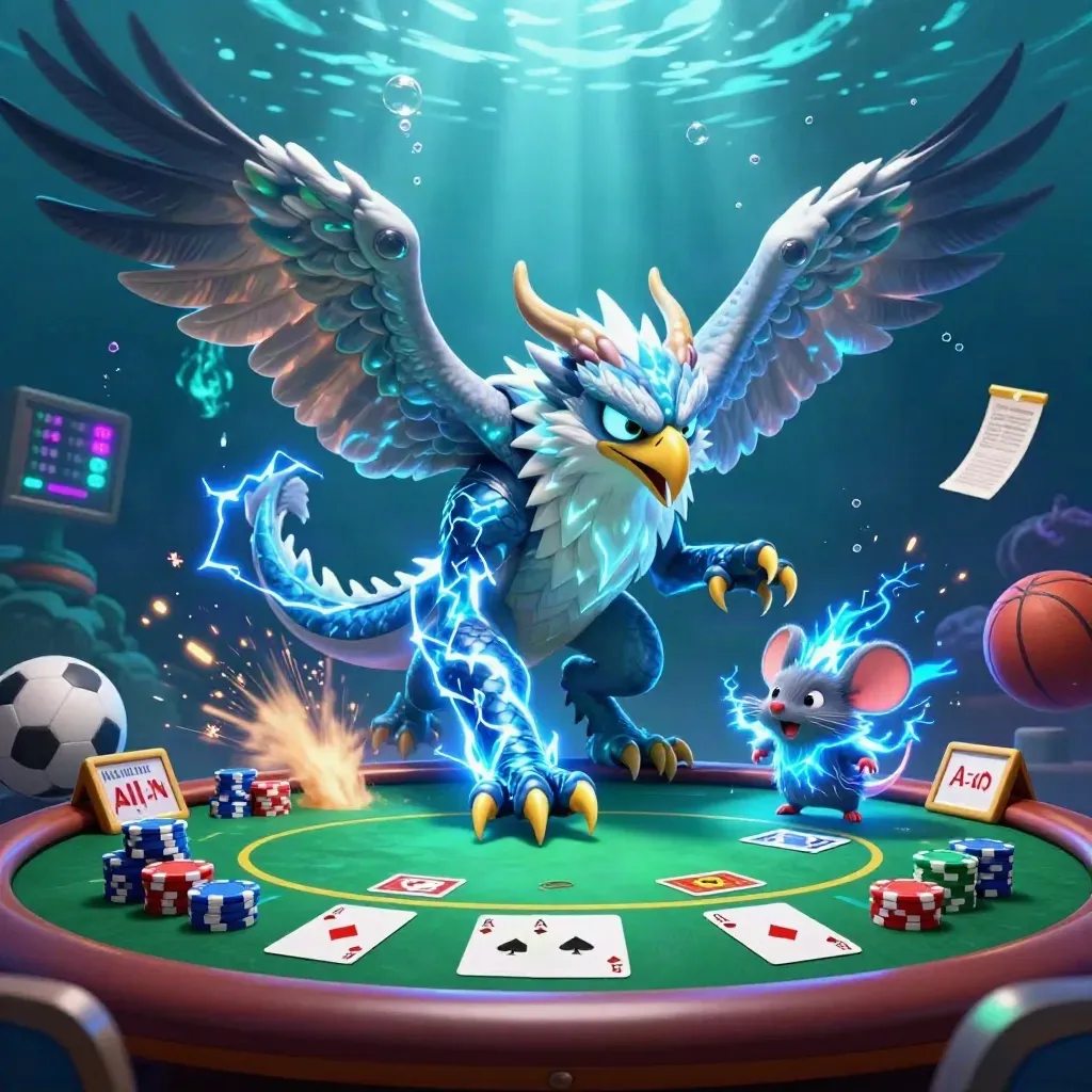 Dragon, hawk, and thunder-mouse amid poker chips, cards, and sports balls in teal casino glow