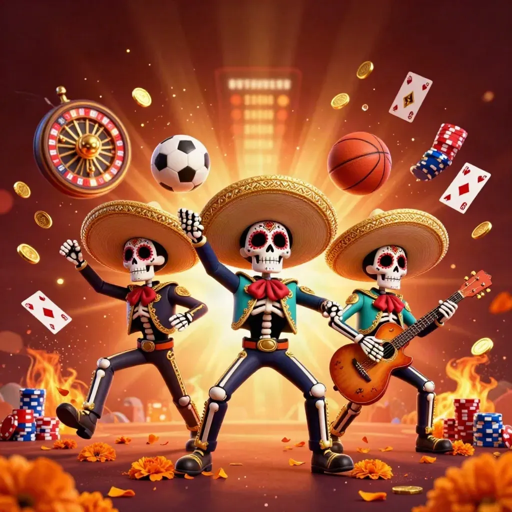 Skeleton mariachi trio amid flying casino coins, chips, cards, and glowing lights.