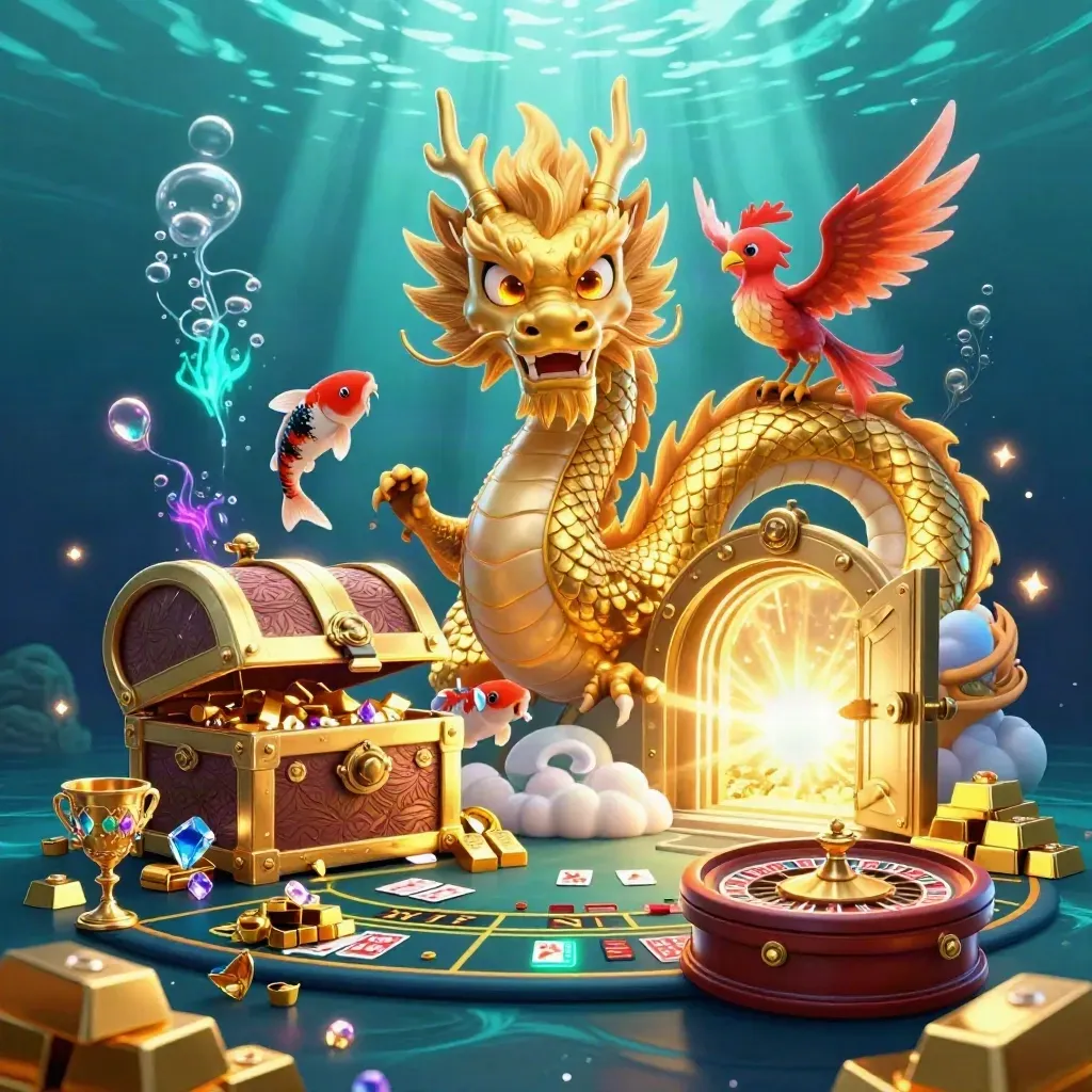 Golden dragon, phoenix, koi, vault gold, roulette wheel, and teal-blue casino glow
