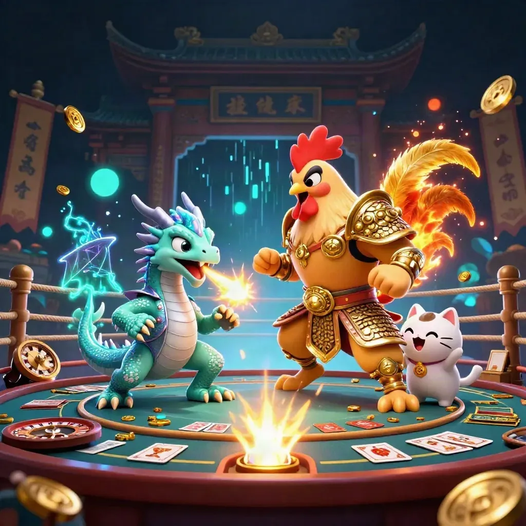 Rooster samurai, dragon hatchling, and fortune-cat amid casino magic in teal and navy.