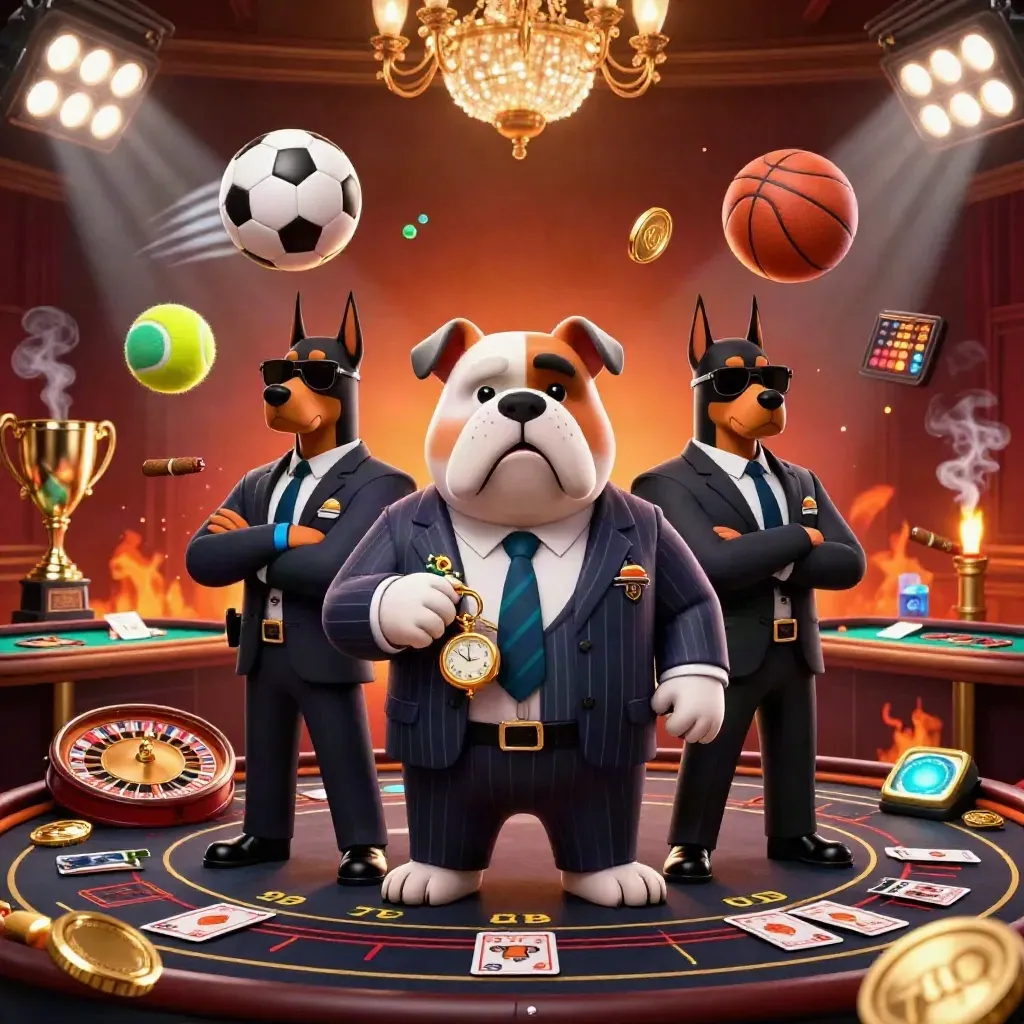 Bulldog mob boss with two Dobermans in a neon casino room, surrounded by sports balls, coins, and props.