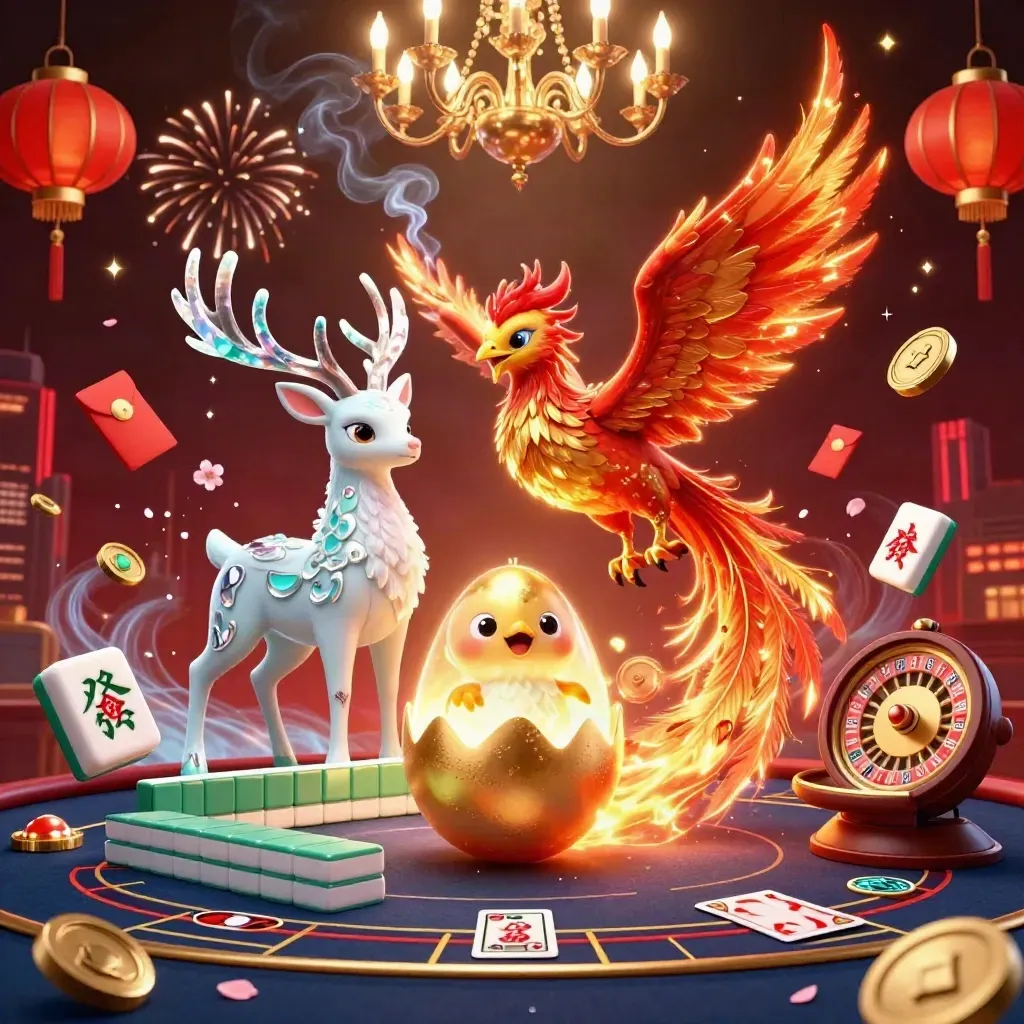 Phoenixes and a stag in a neon casino room with coins, lanterns, and fireworks.