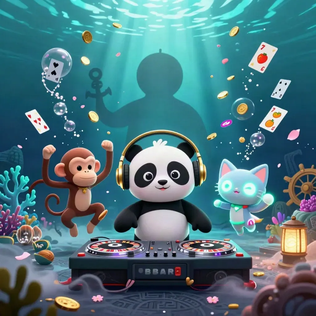 DJ panda, breakdancing monkey, and glow-stick kitten in an underwater treasure cove