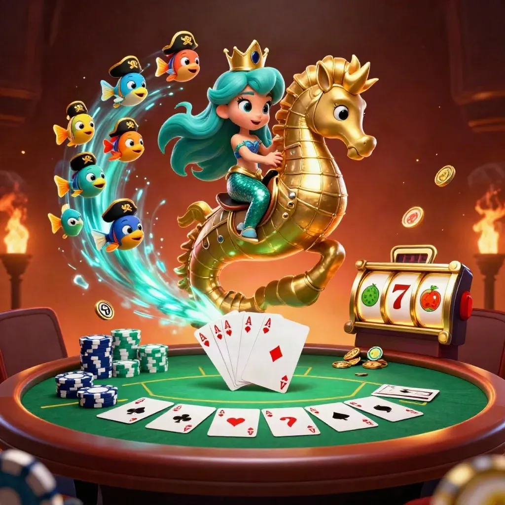 Mermaid princess on a seahorse amid poker chips, cards, embers, and teal glow.