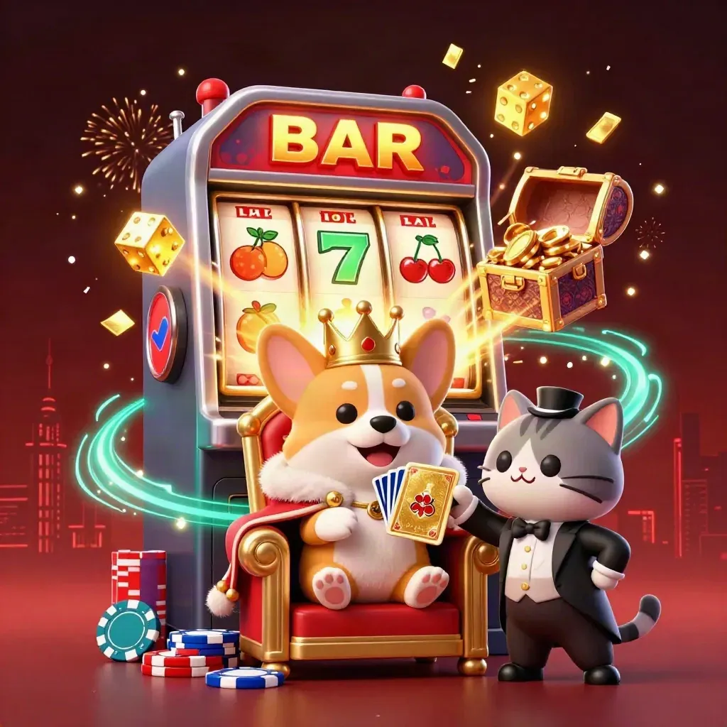 Royal corgi and cat butler amid exploding slot machine, chips, gold, and teal casino energy.