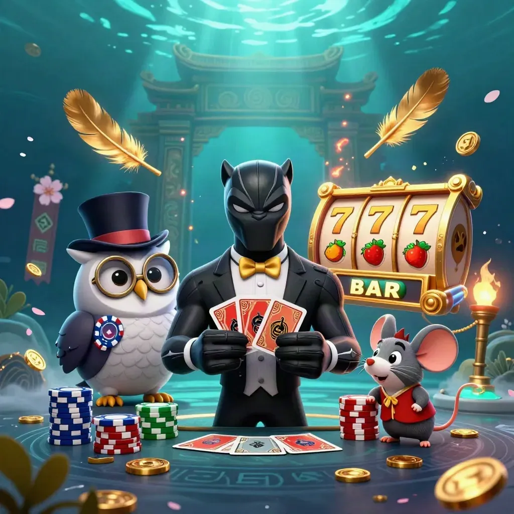 Panther, owl, and mouse amid treasure, chips, and slot icons in a teal casino fantasy.