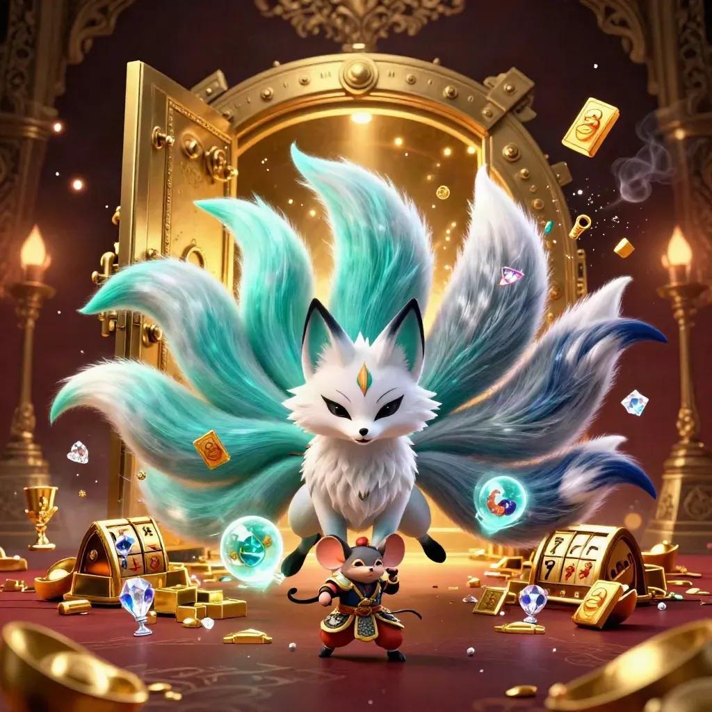 Nine-tailed fox spirit and armored mouse burst from an open vault in a neon casino scene.