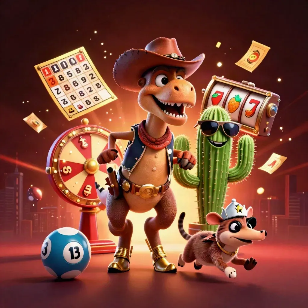 Cowboy T-Rex, cactus, and roadrunner burst through casino loot in a teal-lit neon splash.