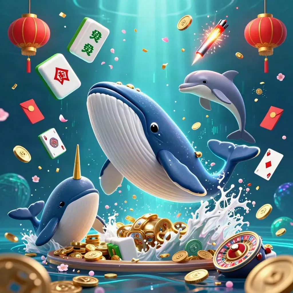 Whale, narwhal, and dolphins burst through coins with lanterns, mahjong tiles, and fireworks.