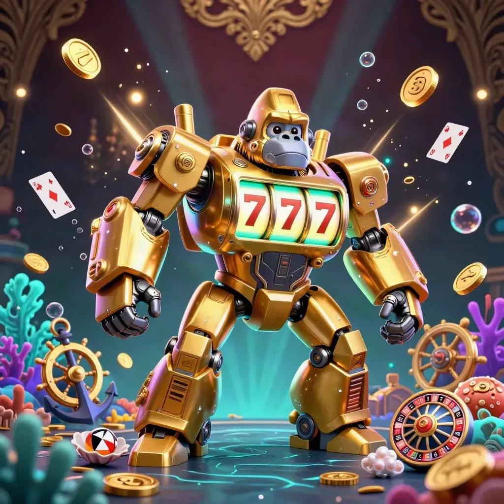 Golden gorilla mech and monkey pilot erupting in coin shower, coral, bubbles, and casino treasure
