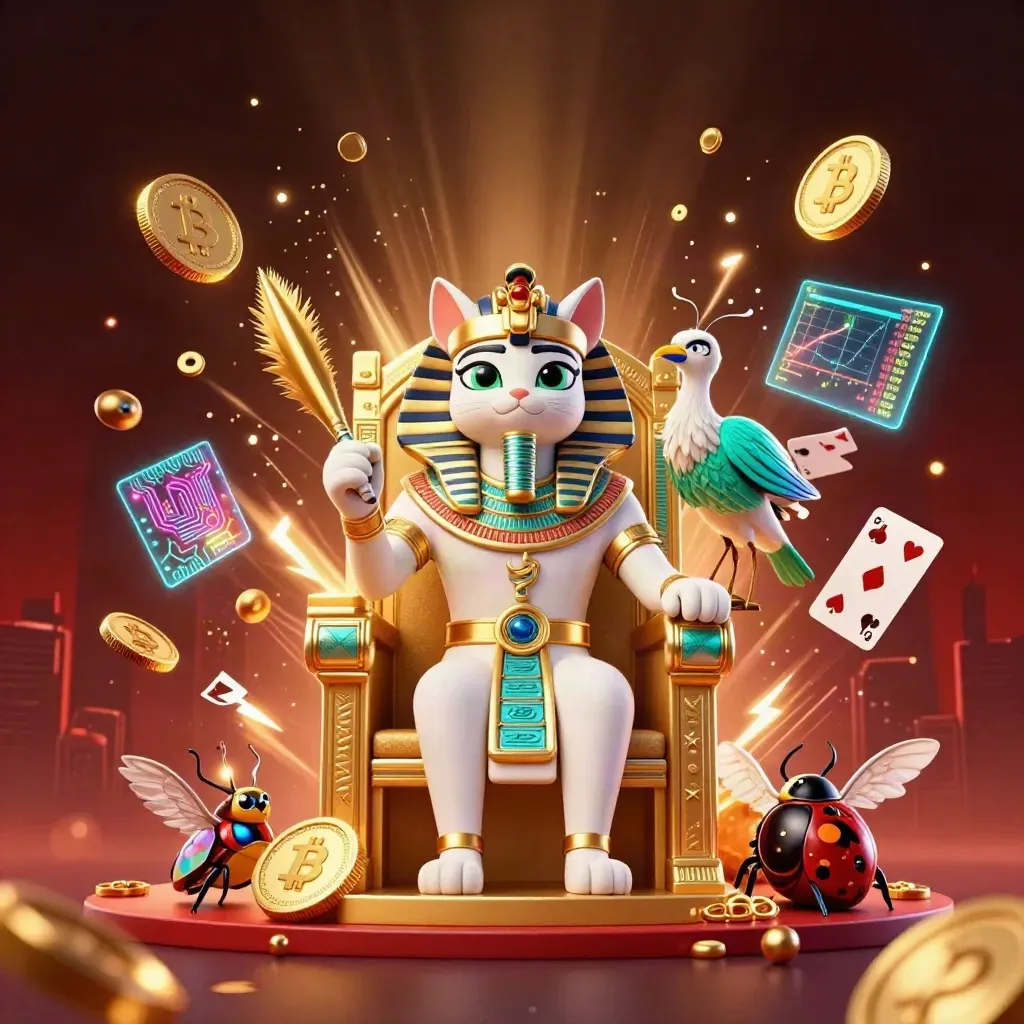 Pharaoh cat, ibis scribe, and gem scarabs amid flying coins, crypto icons, and fireworks