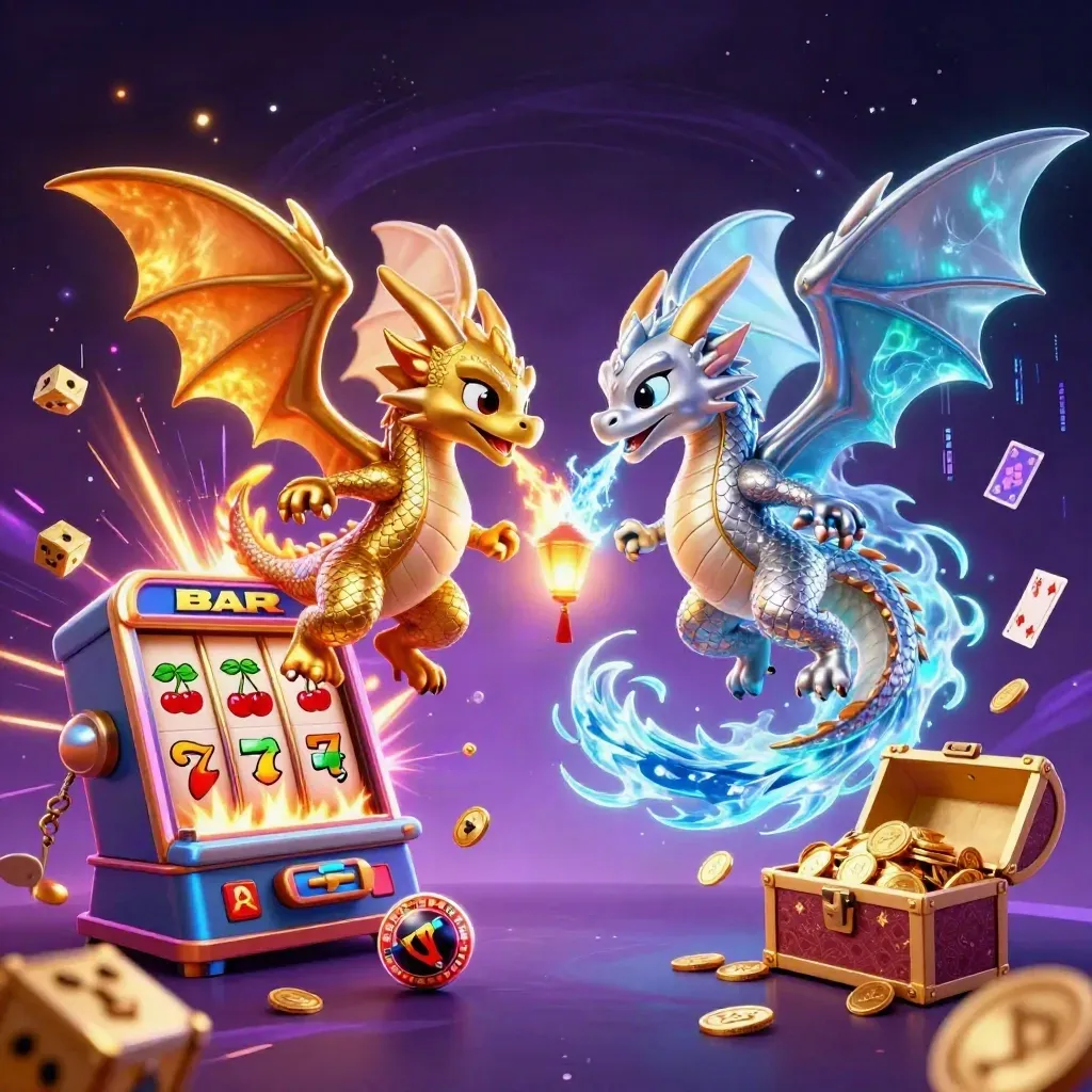 Twin gold and silver dragons spiral around a bursting slot machine with coins, dice, and magic light.