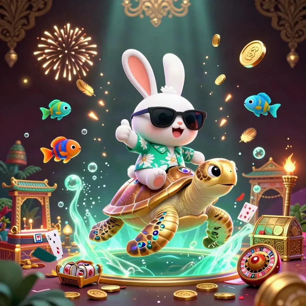 Lucky rabbit on a gem turtle amid coins, fireworks, fish, and casino relics