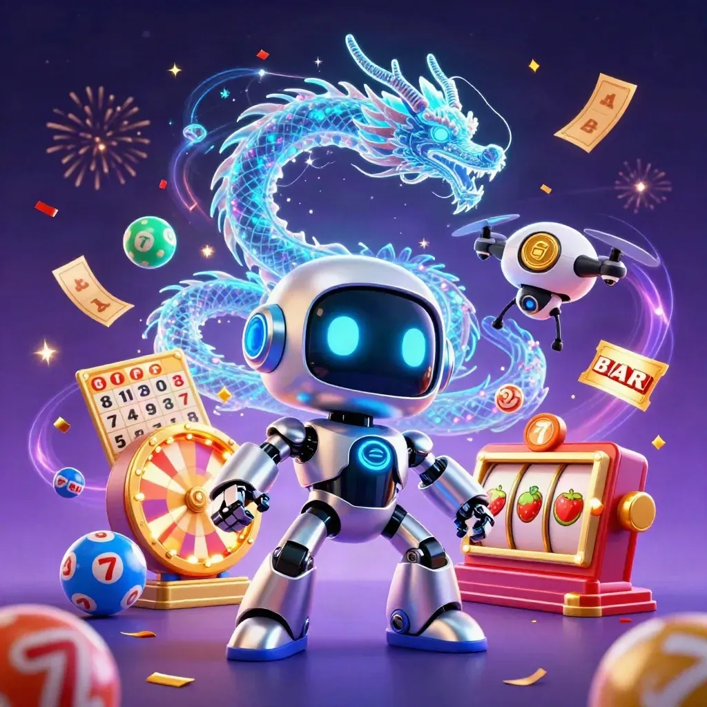 Chrome robot, holographic dragon, and coin drone amid casino bursts on dark neon purple.