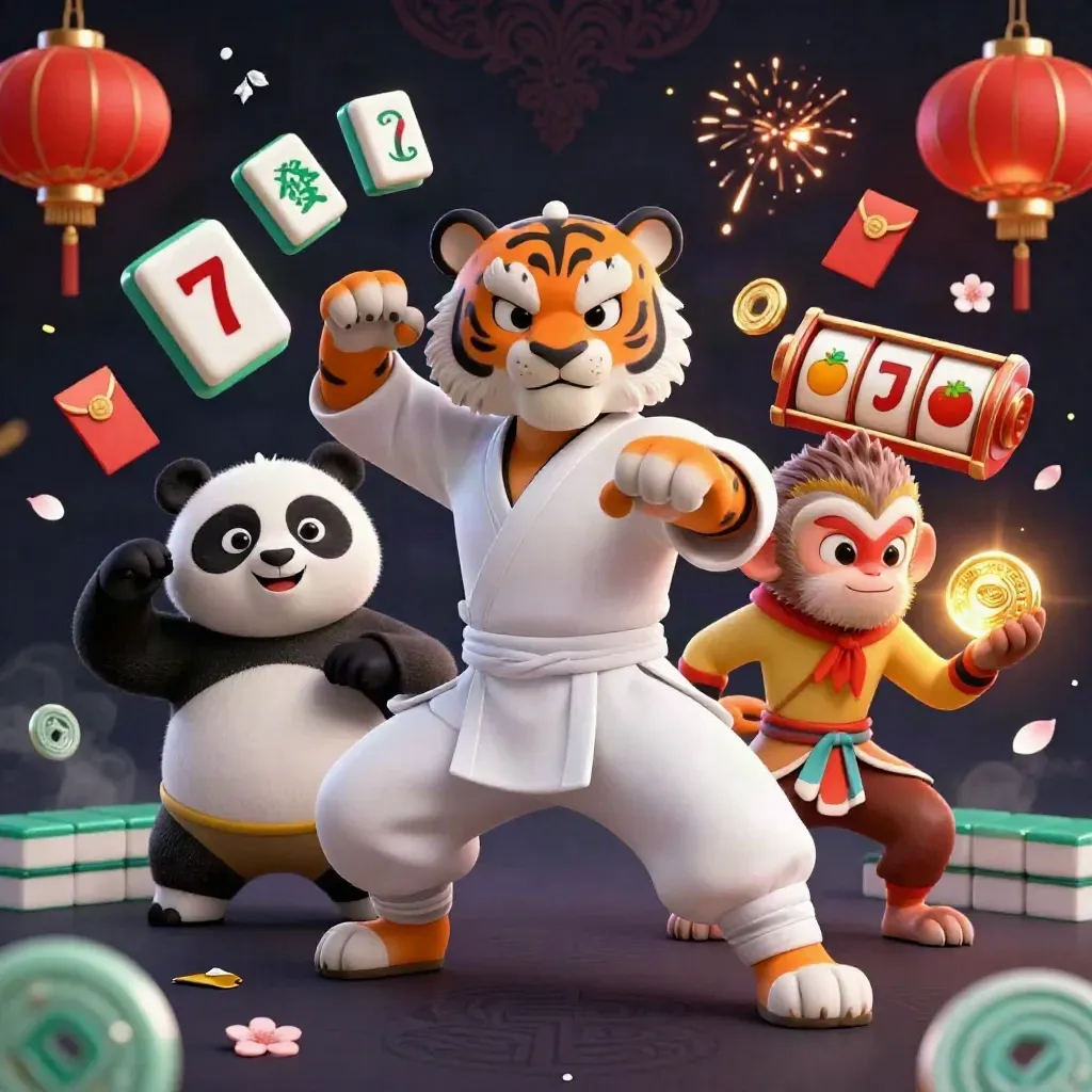 Kung-fu tiger, panda, and monkey amid glowing casino symbols on a dark luxe backdrop.