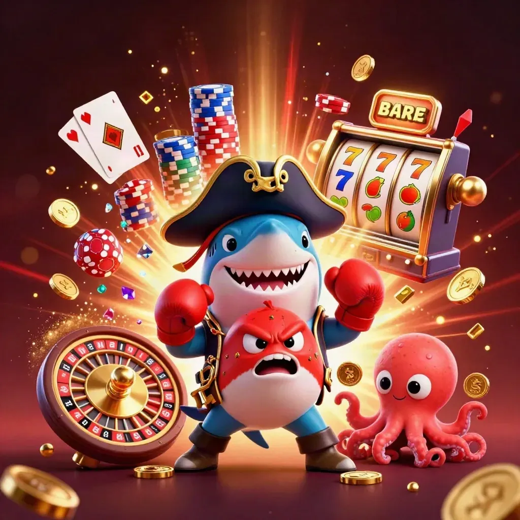 Pirate shark, pufferfish, and octopus amid casino coins, cards, chips, and teal neon glow.