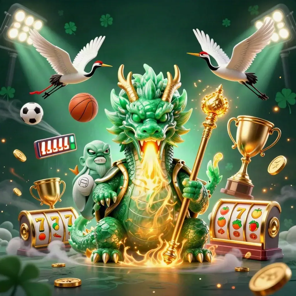 Jade dragon, turtle sage, and cranes amid coins, reels, balls, trophy, and emerald casino lights