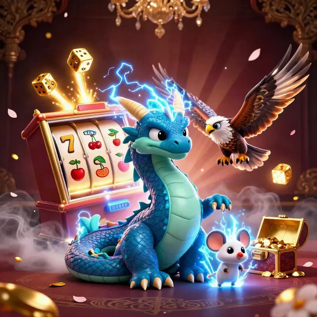 Thunder dragon, glowing hawk and static mouse amid slot symbols, gold chest, and dark luxe backdrop.