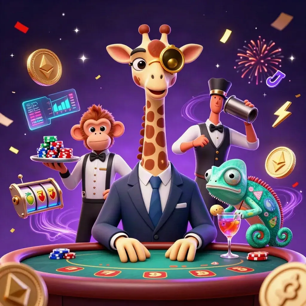 Giraffe, monkey, and chameleon at a VIP poker table amid coins, reels, and neon energy.
