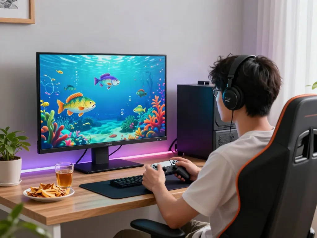 A young adult immersed in the game lại là Bắn cá đổi thưởng with colorful fish graphics in an inviting home gaming setup.