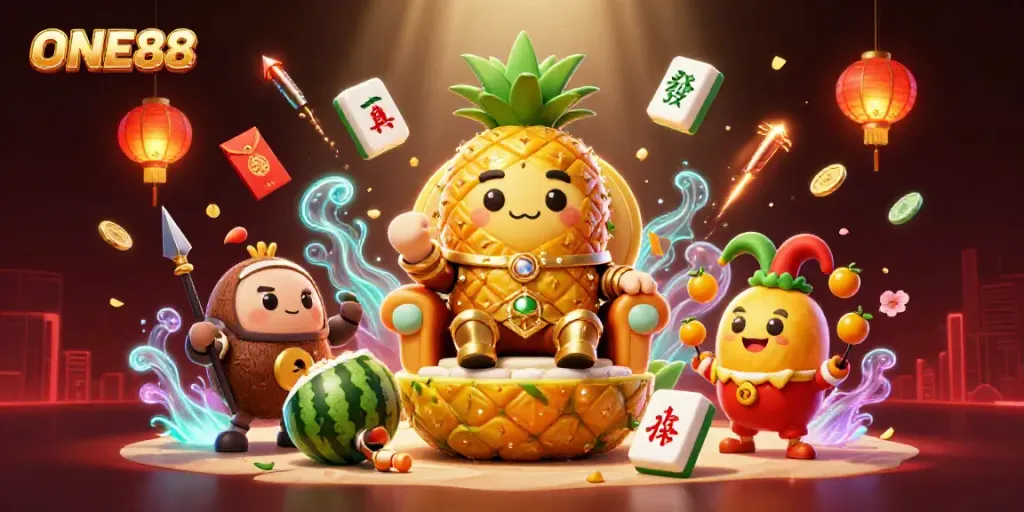 Engaging ONE88-themed 3D illustration showcasing a lively casino scene with unique characters and vibrant elements.