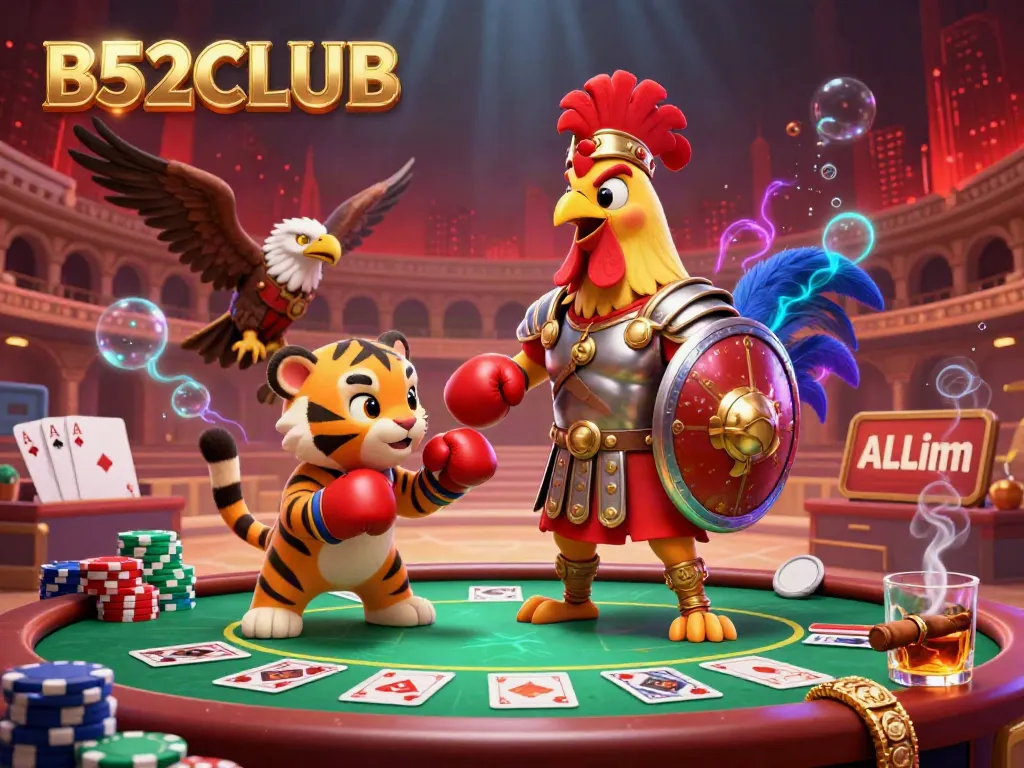 The B52CLUB illustration features a gladiator rooster and tiger cub in a vibrant arena setting amidst dynamic gambling elements.
