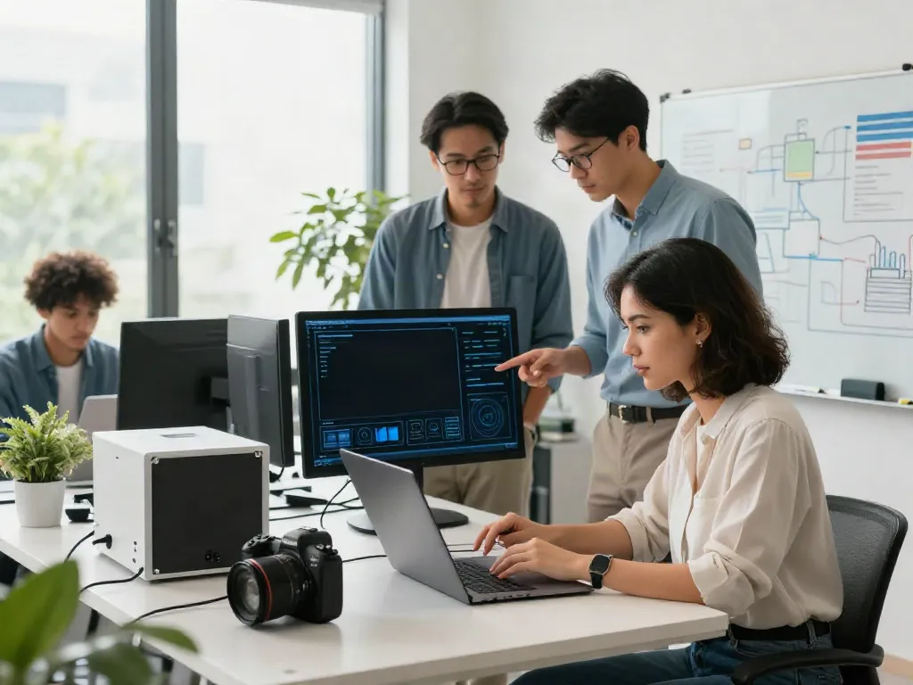 Engineers collaborating in a dynamic AI infrastructure workspace, showcasing technology and teamwork.