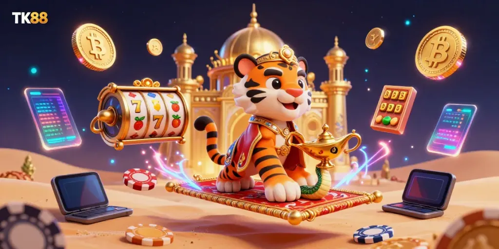 Experience thrilling jackpots on TK88 with exciting 3D slots and neon crypto elements in this vibrant illustration.