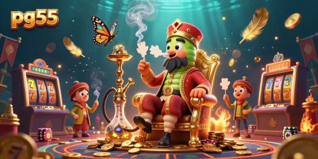 Experience the excitement of pg55 with a vibrant casino scene featuring animated characters and symbols.