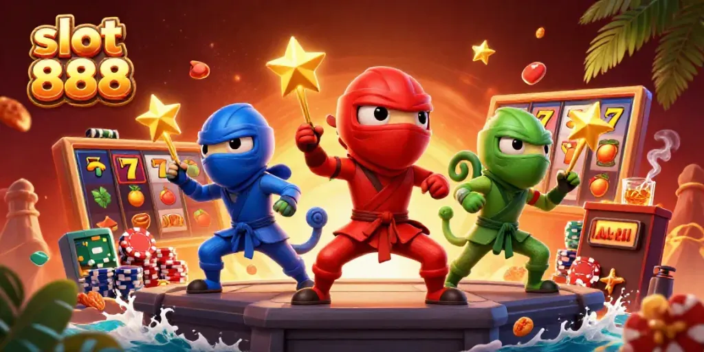 Experience the excitement of slot 888 with vibrant 3D ninja chameleons showcasing lucky symbols and chips.