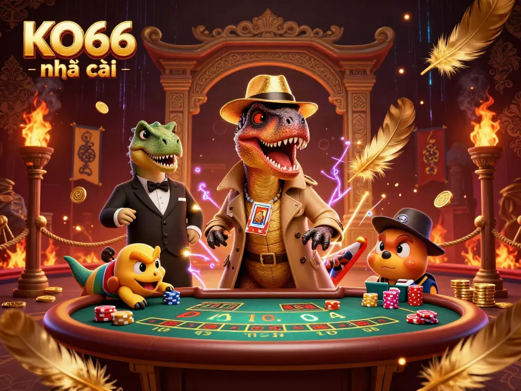 Experience excitement at KO66 nhà cái with a cartoon velociraptor card counter sneaking chips in a vibrant casino scene.