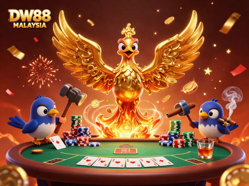 Experience casino thrills with DW88 MALAYSIA under a molten golden phoenix and vibrant poker elements.
