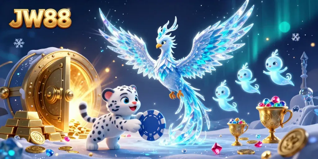 Experience JW88 as an ice phoenix and snow leopard cub engage with shining poker chips in a magical casino setting.