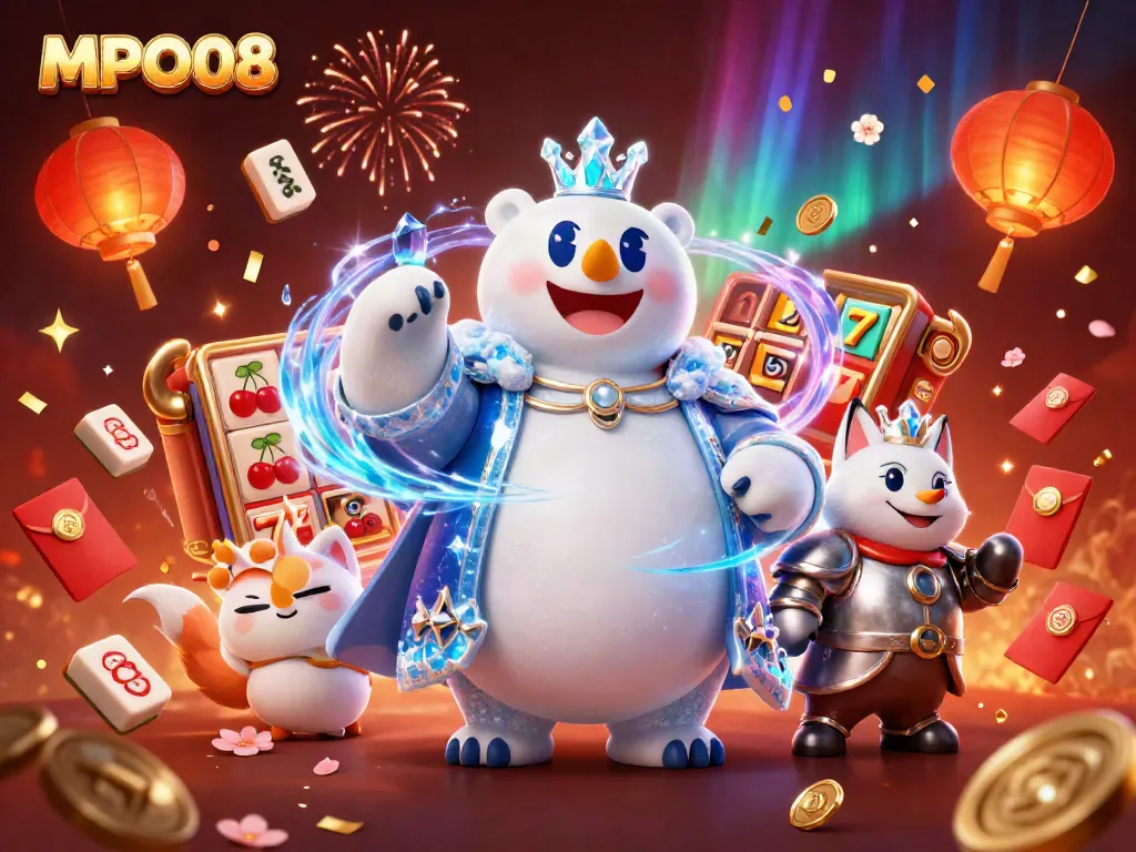 MPO08 showcases the ice king polar bear and fox in silver armor amid a vibrant casino environment.