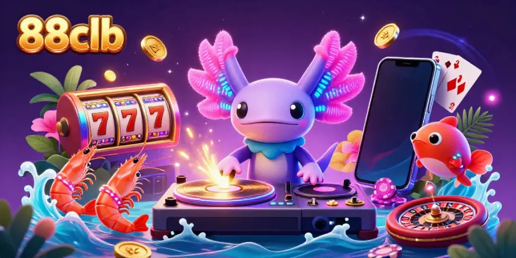 Experience vibrant gaming with 88clb as a colorful axolotl DJ spins slot games and dancing sea creatures celebrate.