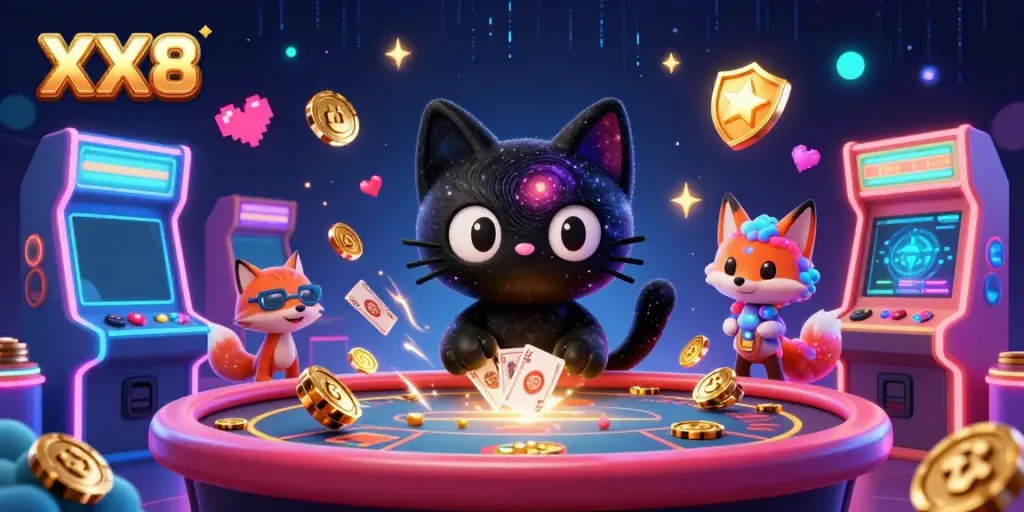 Experience the thrill of the XX8 cosmic casino with a whimsical black hole cat collecting chips.