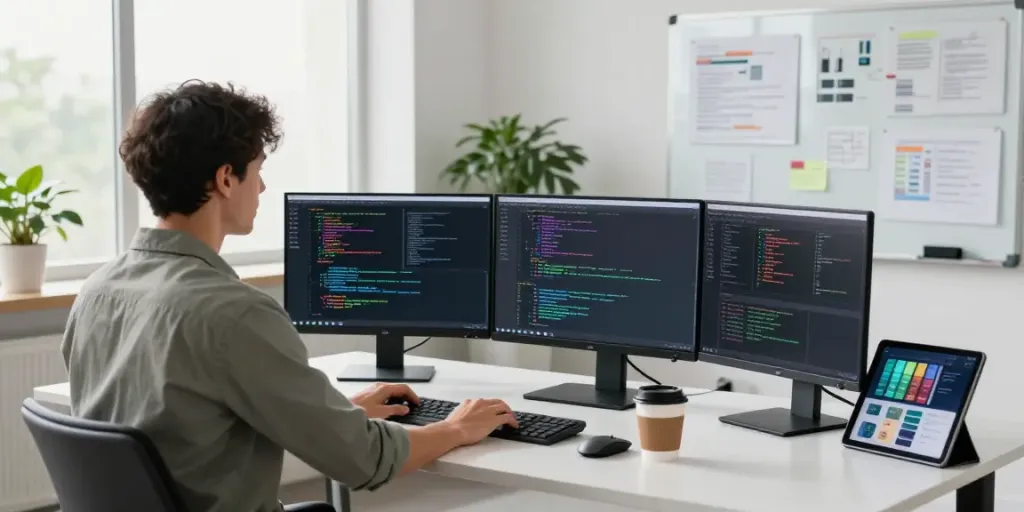 Developer coding on multiple screens in a modern workspace with vibrant visuals related to Mod apk development.