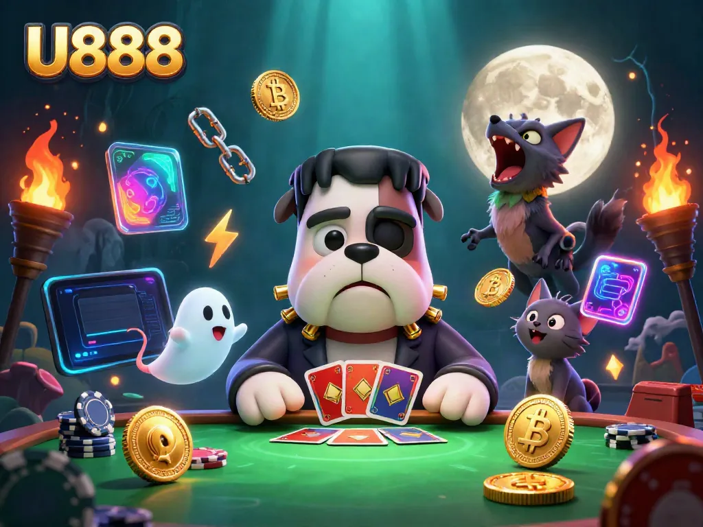 Experience thrilling gaming at U888 with a vibrant 3D scene depicting a cartoon bulldog dealer surrounded by crypto elements.